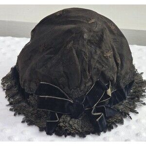 Antique Victorian Mourning Bonnet Hat Black Ribbon Lace Dark Brown Distressed